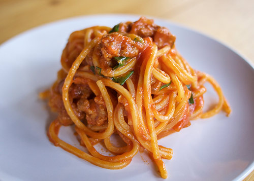 A plate with spaghetti and tomato sauce